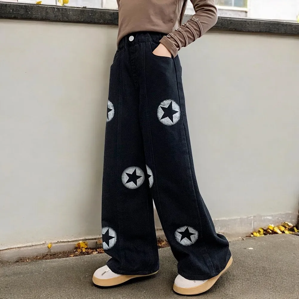 Черные джинсы для девочек детские брюки широкие винтажные мешковатые детская