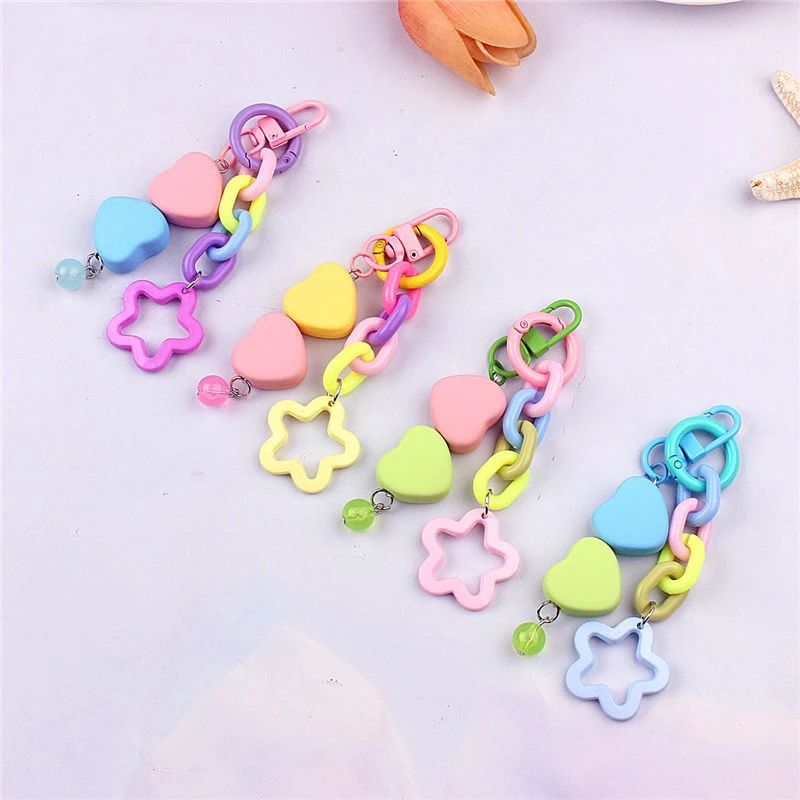 

Colorful Matte Heart Pendant Keychain Korean Style Women Stars Chains Keyring Bag Trinket Party Jewelry Claw Machine Gift