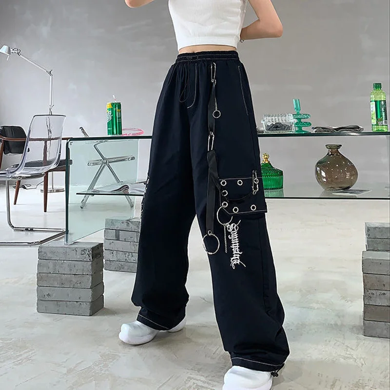 

Gothic Harajuku Black Cargo Pants Women Chain Wide Leg Goth Hippie Streetwear White Trousers Loose Female Baggy Korean Fashion