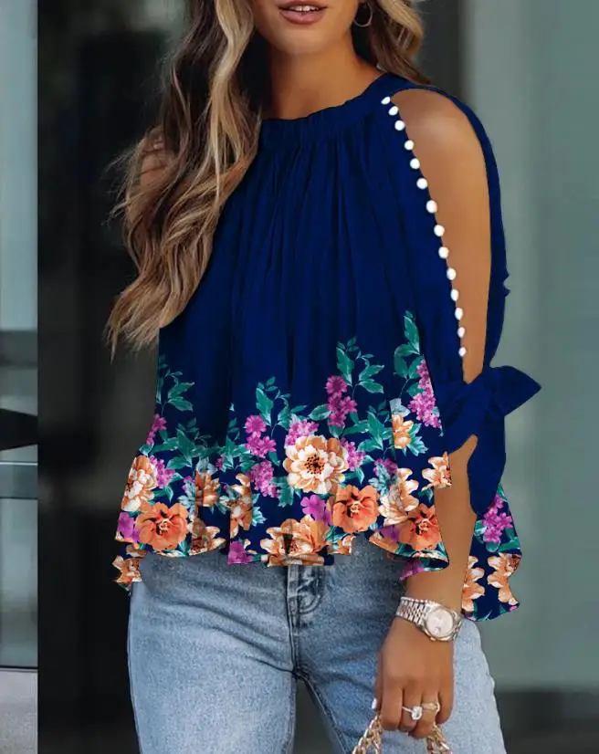 

Top Women 2023 Floral Printed Ruffle Edge Curled Split Sleeve Top 2023 New Fashion Woman Blouse 2023 Clothing Tees