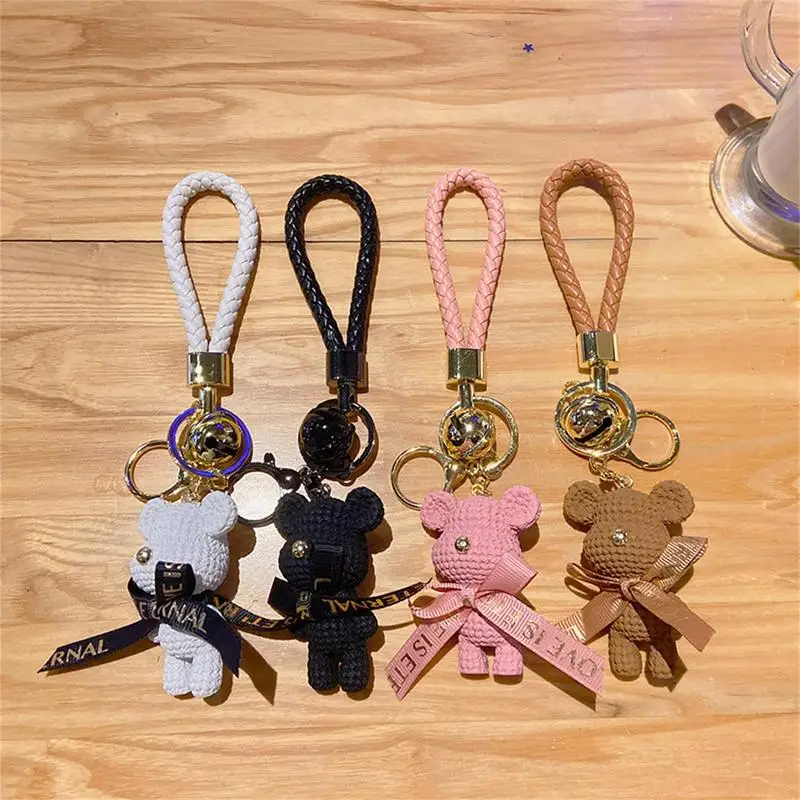 1pcs Car Key Chain Cartoon Resin Bear Bow Bell Weaving Fashion Doll Bag Pendant Holiday Ring For Girls Gift Auto Accessories