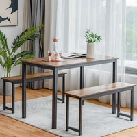 3 Pieces Modern Dining Table Bench Set with Wooden Tabletop and Metal Frame Dining Room Set Furniture
