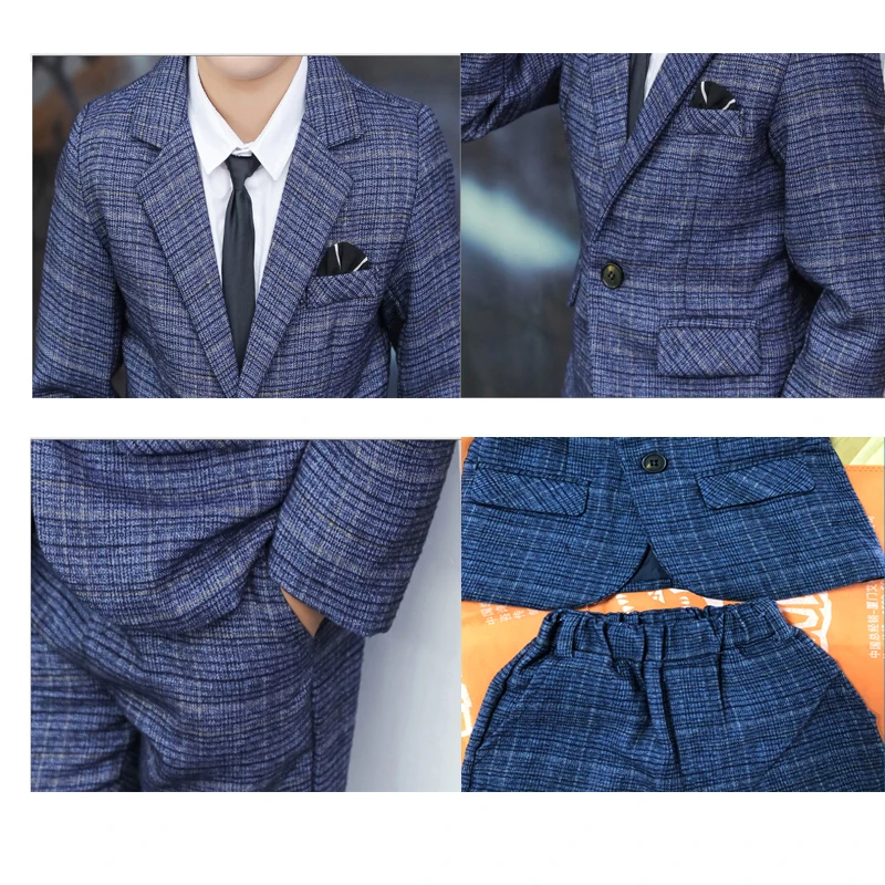 Платье костюм для мальчиков Блейзер брюки детская одежда вечеринки клетчатая