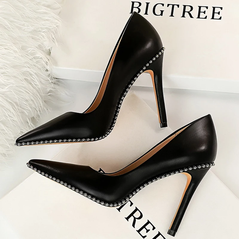 

BIGTREE Shoes Rivet Woman Pumps 2023 New High Heels Stiletto Pu Leather Women Heels Sexy Party Shoes Female Heel Plus Size 43