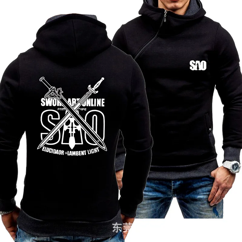 

Spring Autumn Men's Hoodies Sword Art Online SAO Logo Print Casual Diagonal zipper Sweatshirts Man Hoody Harajuku Zipper Jacket