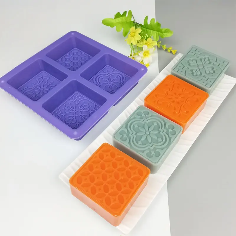 

1PC 4 Hole Cavity Flower Square Silicone Soap Mold Handmake DIY Soap Mould For Cake Chocolate Moon Cake Mold