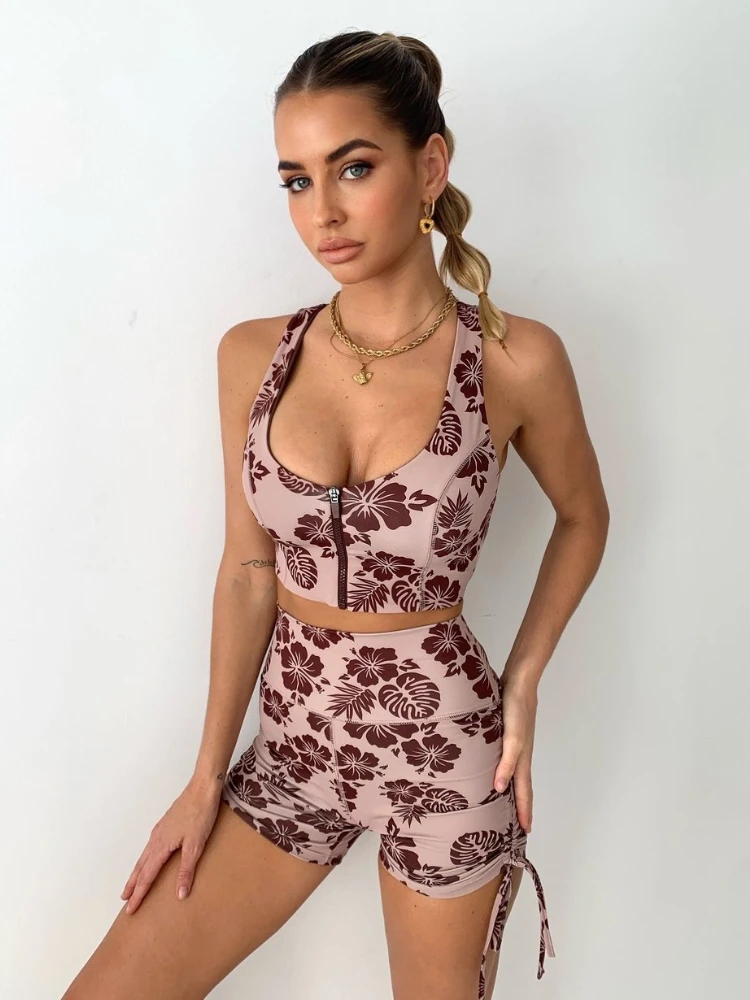 

Women's Shorts Sets Zipper Gym Tank Top Women Short Pants Floral Outifits Backless Sexy Hollow Gym Clothing Female Sports Suit