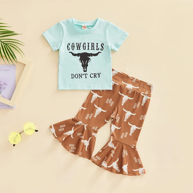 

Летняя хлопковая футболка с коротким рукавом и надписью для маленьких девочек, с принтом головы коровы, расклешенные брюки, детская одежда, ...