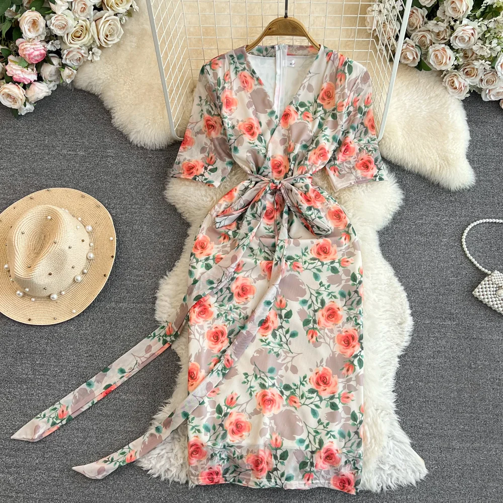 

Summer Women's Floral Print Dress Retro Style Short Sleeve V-neck Sash Bow-tied Slim Midi Calf Casual Female Party Mesh Dresses