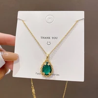 korean fashion retro gold titanium steel chain with green zircon pendant necklace for womens jewelry wedding party gift