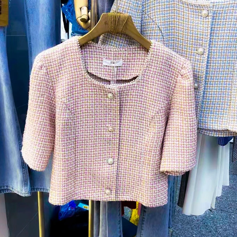 

Summer Retro Korean Beaded Small Fragrant Tweed Short Jacket Women's Crop Top Fashion Casual Woolen Jacket Chaqueta Mujer