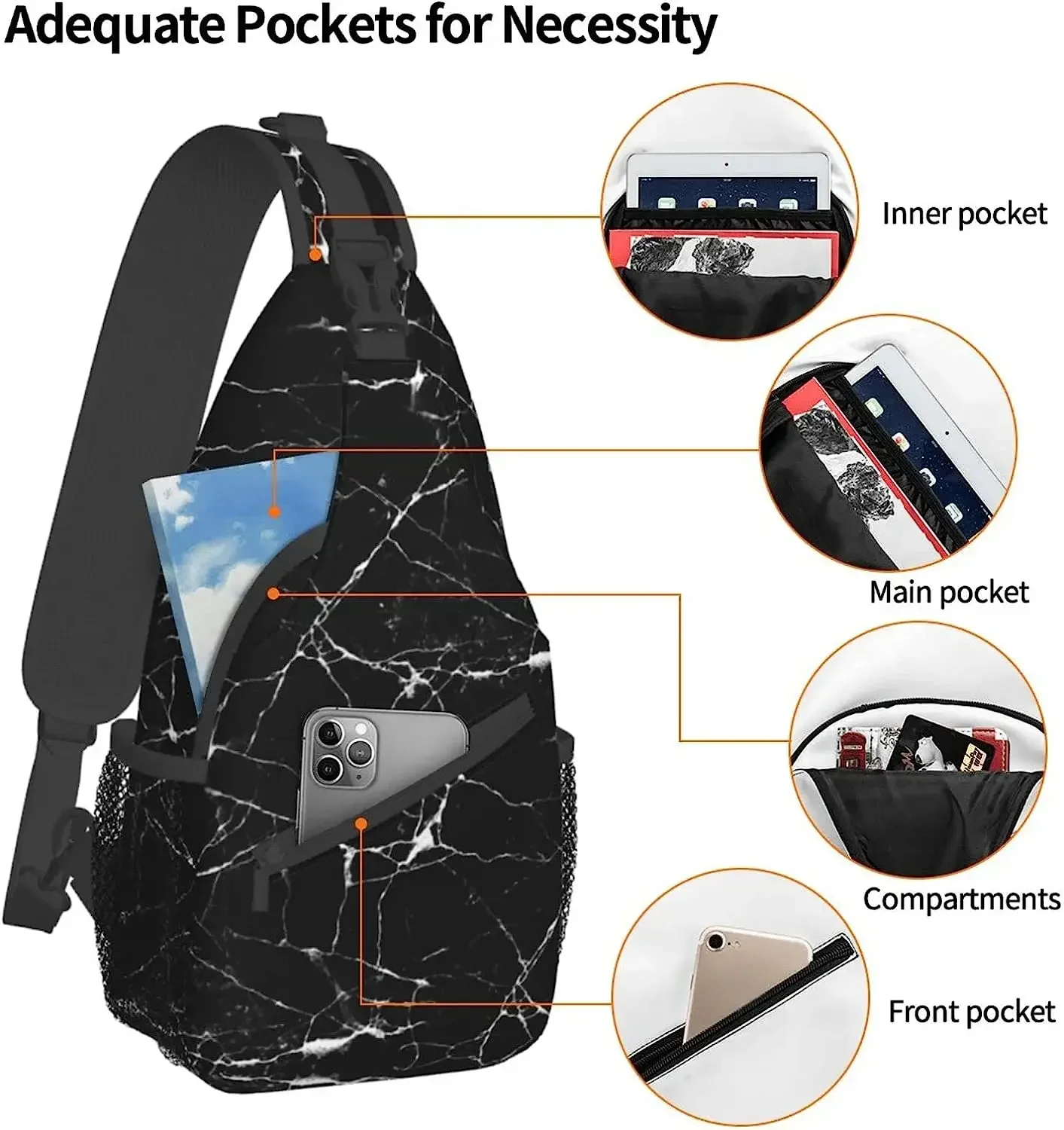 ew marmurowa czarna torba na ramię plecak turystyczny podróżny w klatce piersiowej lekki dla kobiet mężczyzn