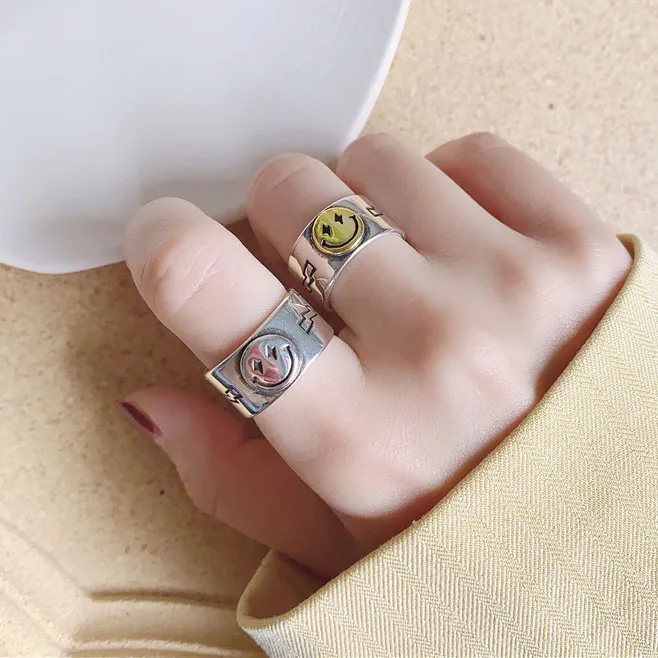 

Wide Ring Silver Color Women Fashion Jewelry Smile Luck Face Rings Girls Hip Hop Big Opening Adjustable Ring Jewellery Gift