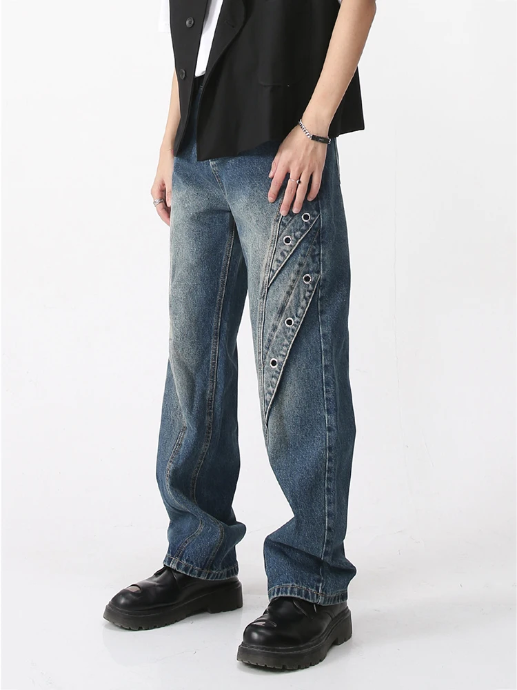 Men's Fashion Wear Patchwork Korean Streetwear Fashion Straight Middle Waist Blue Jeans Casual Denim Trousers Men Pants Denim