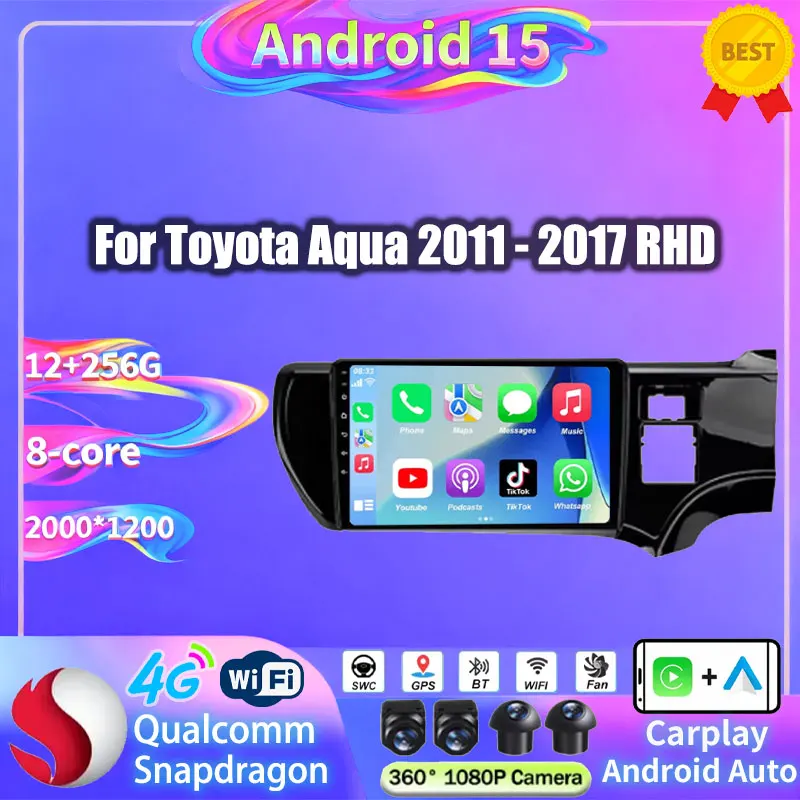 Фото Автомобильное радио Android 15 для Toyota Aqua 2011-2017 RHD Wireless Carplay Auto DSP 2K Экран Стерео Мультимедиа Восьмиядерный GPS 2din BT №1