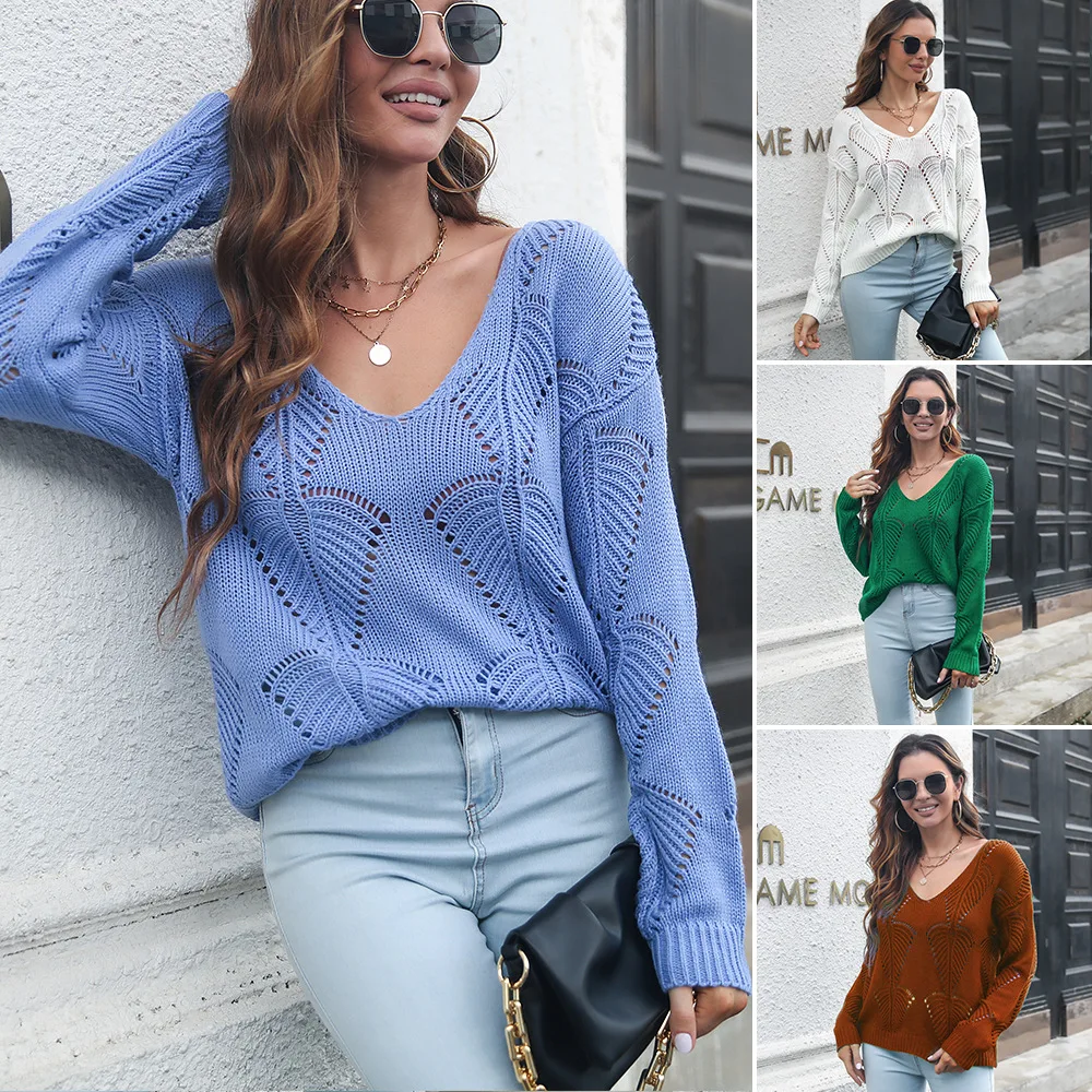 New Fashion Autumn Winter Hollow Leaf V-neck Long-Sleeved Knitted Sweater Women Sweater Top