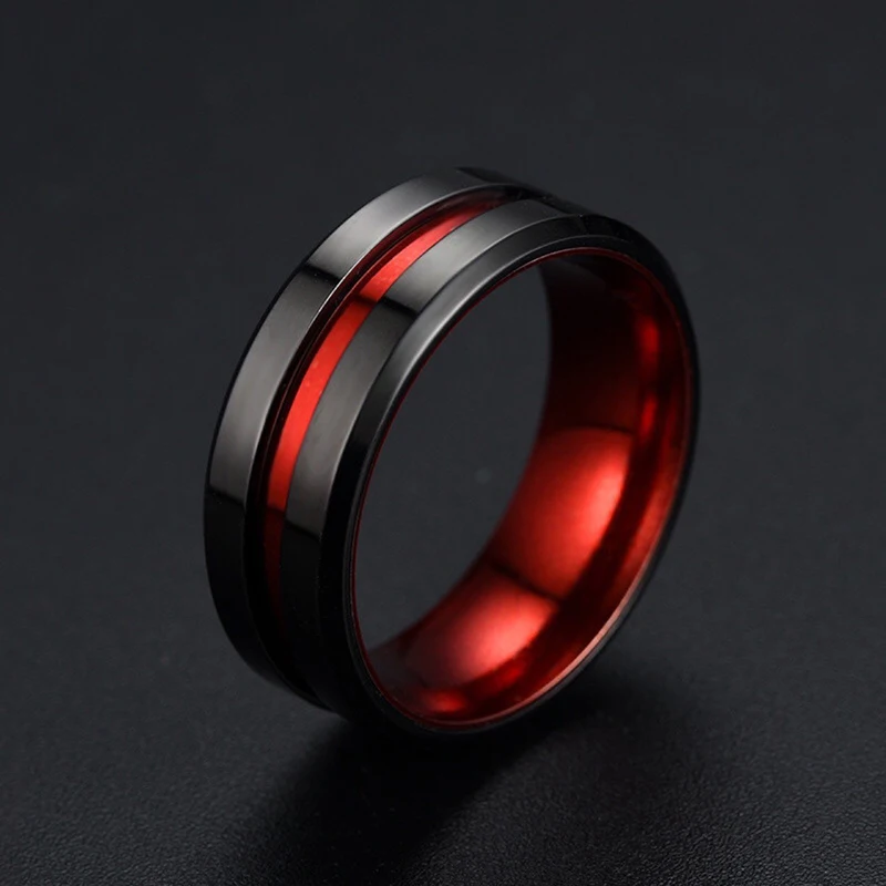 

Fashion 8MM Red Green Groove Beveled Edge Stainless Steel Rings Engagement Ring Men’s Wedding Band Valentine Gift