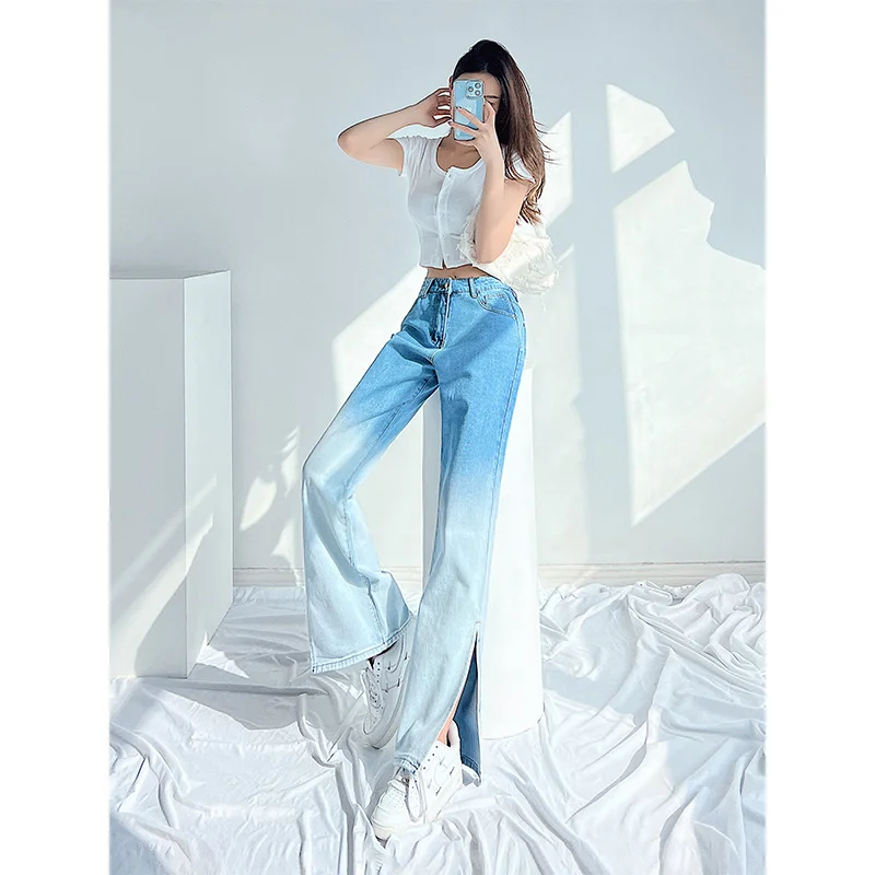 

Spring Autumn WOMONGAGA New Retro Gradient Wide Leg Jeans High Waist Loose Side Slit High Street Fashion Women's Clothing ZPIV