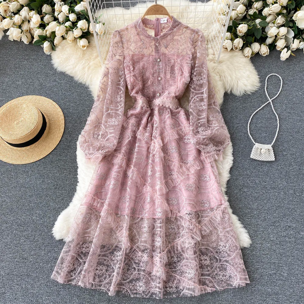 

Женская одежда, элегантные французские модные платья, женская сетчатая вышивка, пикантная Розовая Юбка До Колена в стиле ретро, для дворца