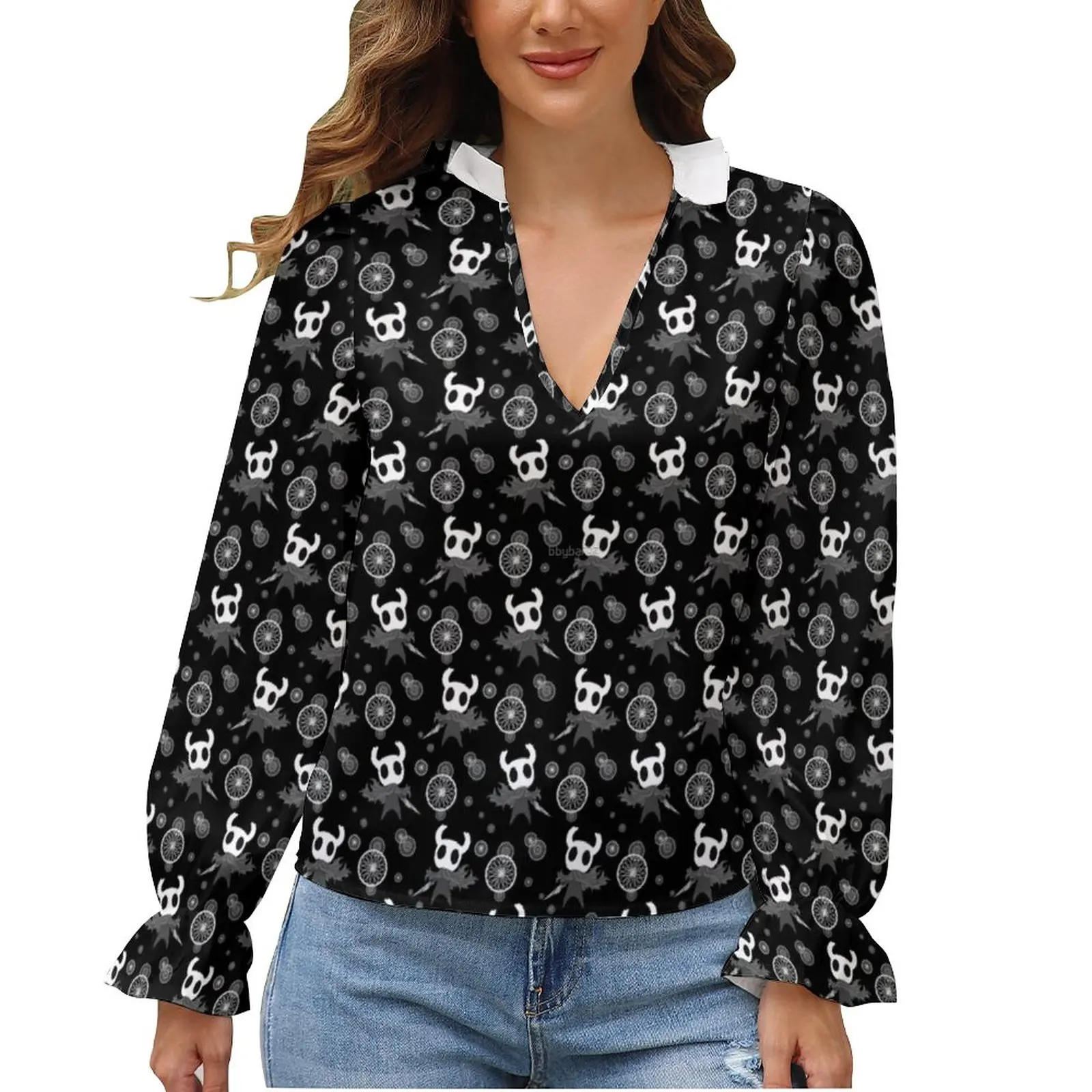 

Hollow Knight Blouse Action Puffy Lady Stylish V Neck Shirt Spring Plus Size Shirts