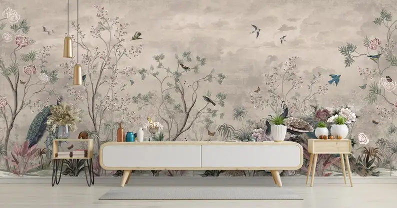 

Chinoiserie Wallpaper Banana Palm Tropical Peel and Stick Birds Peacock Wall Mural Paper