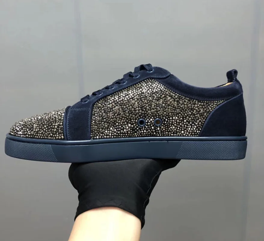 

European and American Men's Shoes Low Top Lace Up Women's Shoes Cowhide Dark Blue Gray Diamond Men's Casual Lovers' Red Soled Sh