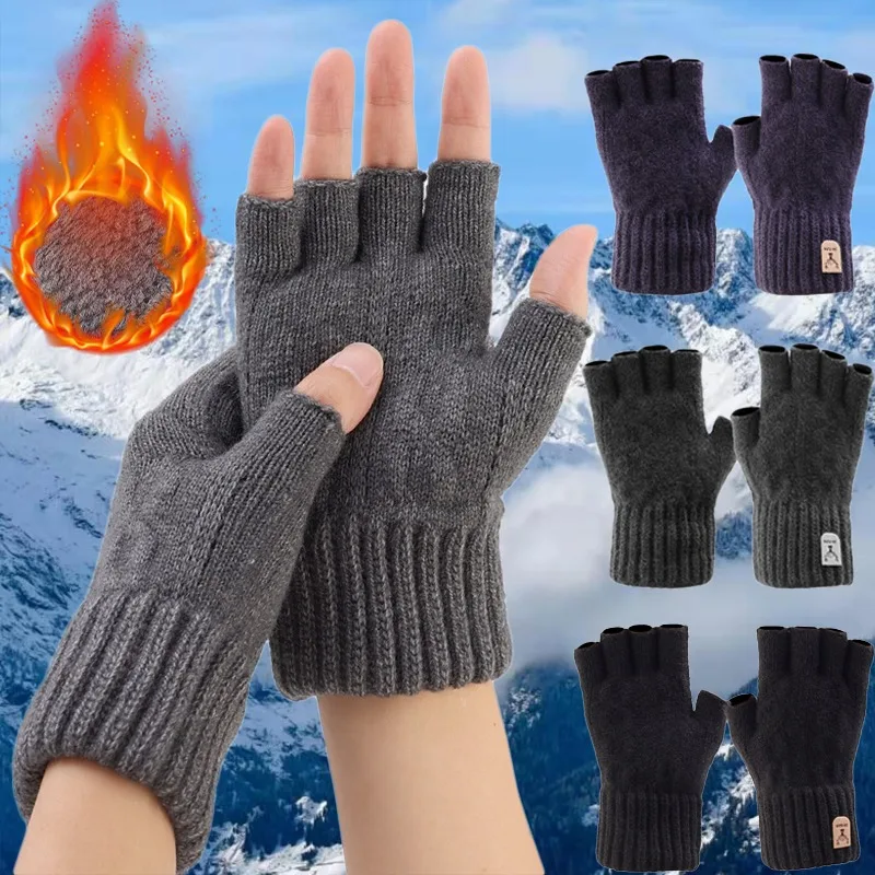 

Men Winter Solid Fingerless Gloves Half Finger Writting Office Knitted Gloves Women Wool Knit Glove Thick Elastic Driving Mitten