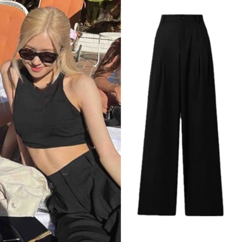 

Kpop ROSE Korean Summer Fashion Mopping Pants Women High Waist Black Wide Leg Pants Female Casual Loose Straight Full Trousers