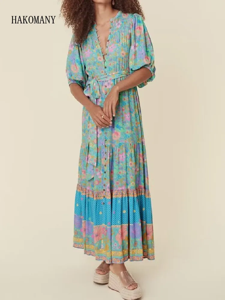 

2023 Women BOHO Dress Tie Bow Sashes Single-breasted Button Short Sleeve Swing Robe Holiday V neck Flower Print Maxi long