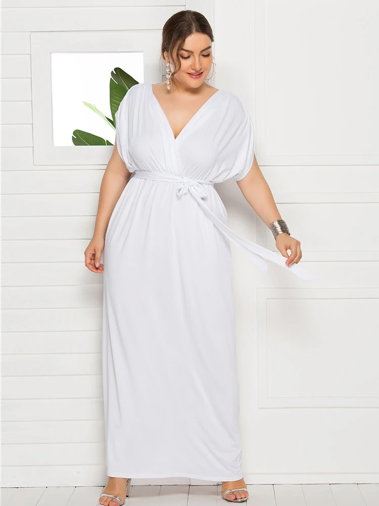 

2022 Summer Plus Size Women Dress White V Neck Sexy Short Sleeve Street Fashion Long Loose Casual Chic Elegant Party Solid Girl