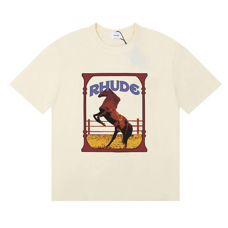Фото Футболка Rhude, высококачественная повседневная мужская одежда с коротким рукавом и принтом логотипа, футболки в уличном стиле №4