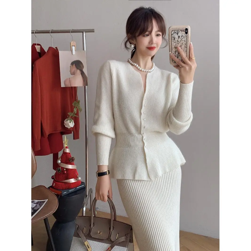 Элегантные вязаные юбки комплект из двух предметов дизайнерский однобортный