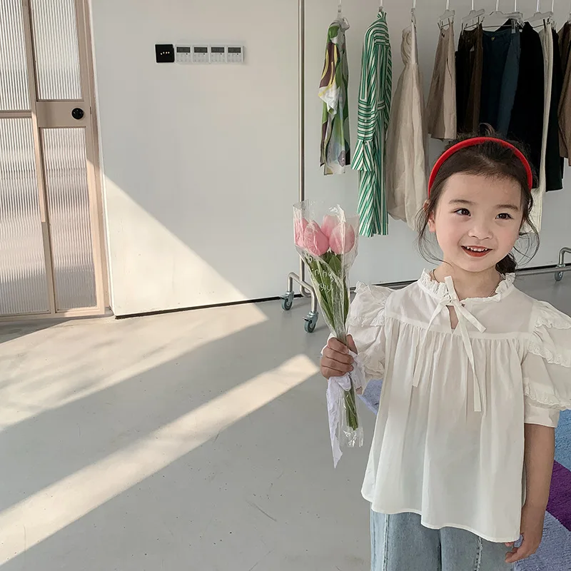 

Baby girls cotton white blouses Kids puff sleeve casual Tops Girls patchwork short sleeve blouses