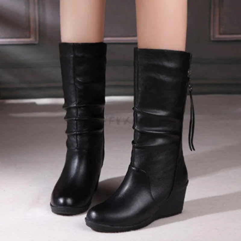 2023 Winter Boots  Women Boots Wedge Mid Calf Boots Women Shoes Black Fashion Mother Shoes Leather Boots Round Toe Ladies Shoes