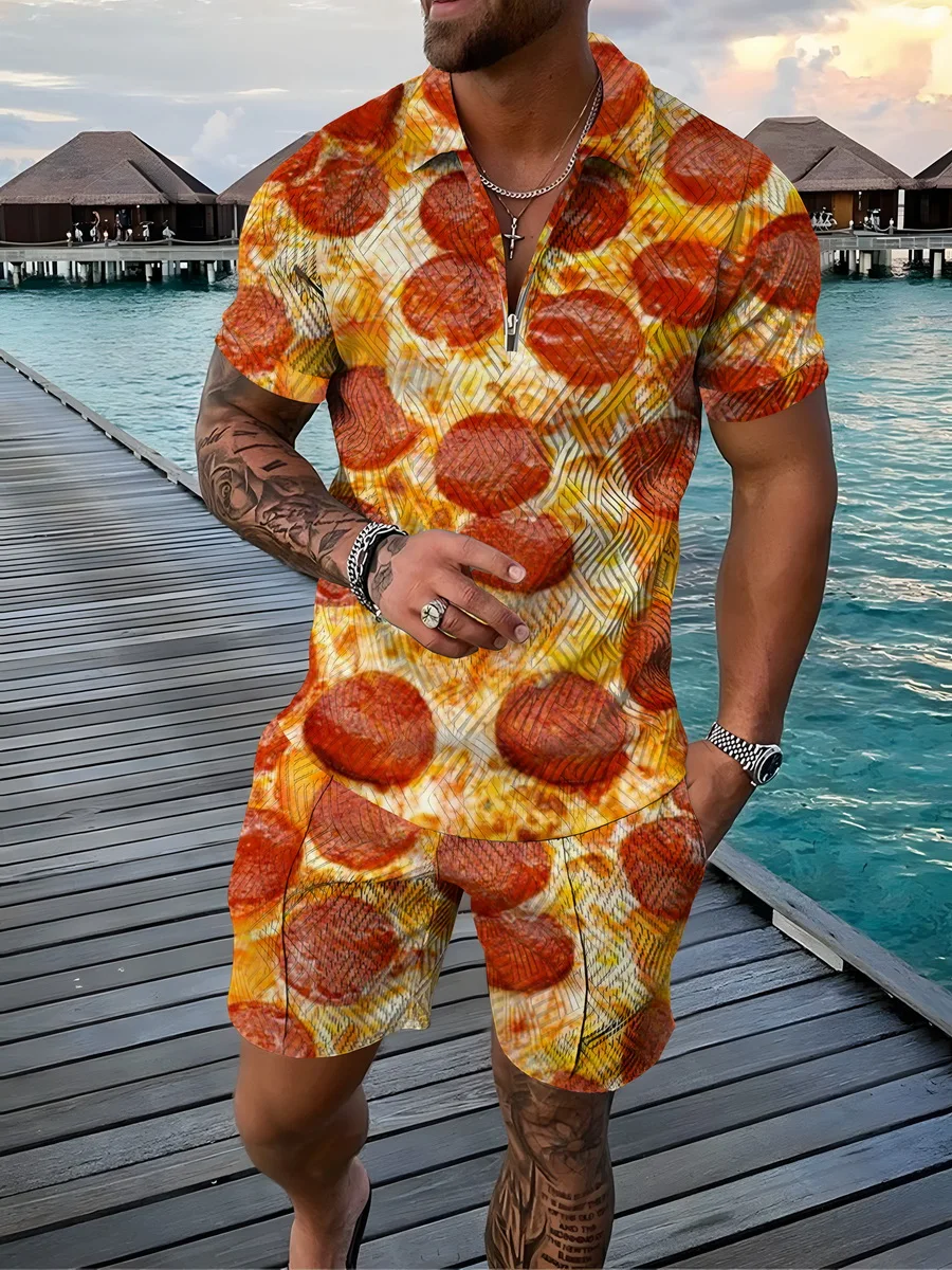 

Pizza Polo Sets Men Tracksuit Casual Printed Suit 3d Short Sleeve Zipper Shirt+Shorts Set For Men's Clothing Summer Streetwear