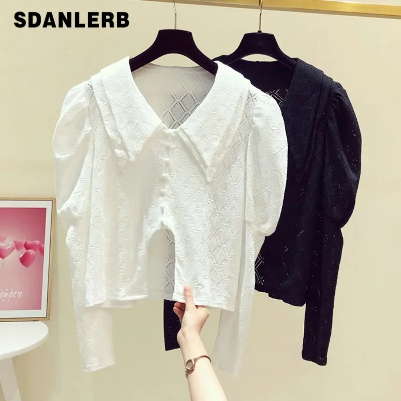 

Palace Style Doll Collar Jacquard Puff Sleeve Shirt Women's 2022 Spring New Retro Design Fashion Tops Solid Color Short Blouse