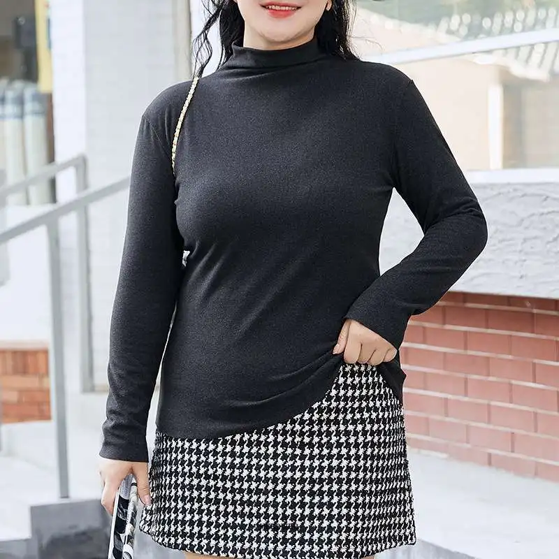 

Large Size 5XL 140KG Women Elegant Long Sleeve Turtleneck T Shirts Autumn Winter Vintage Warm Slim Korean Fleece Pullover Tops