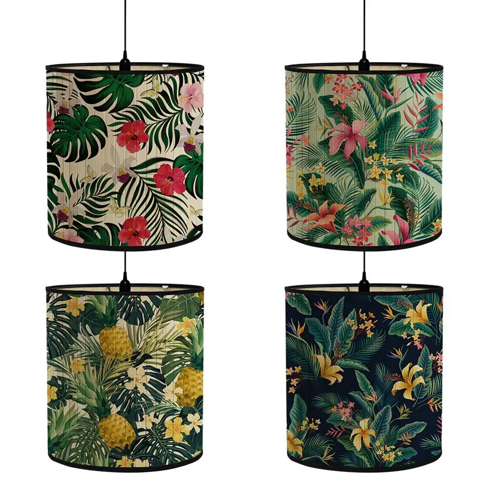 

Retro Bamboo Lamp Shades Green Plants Pattern Light Cover Home Decoration For Floor Light Table Lamp