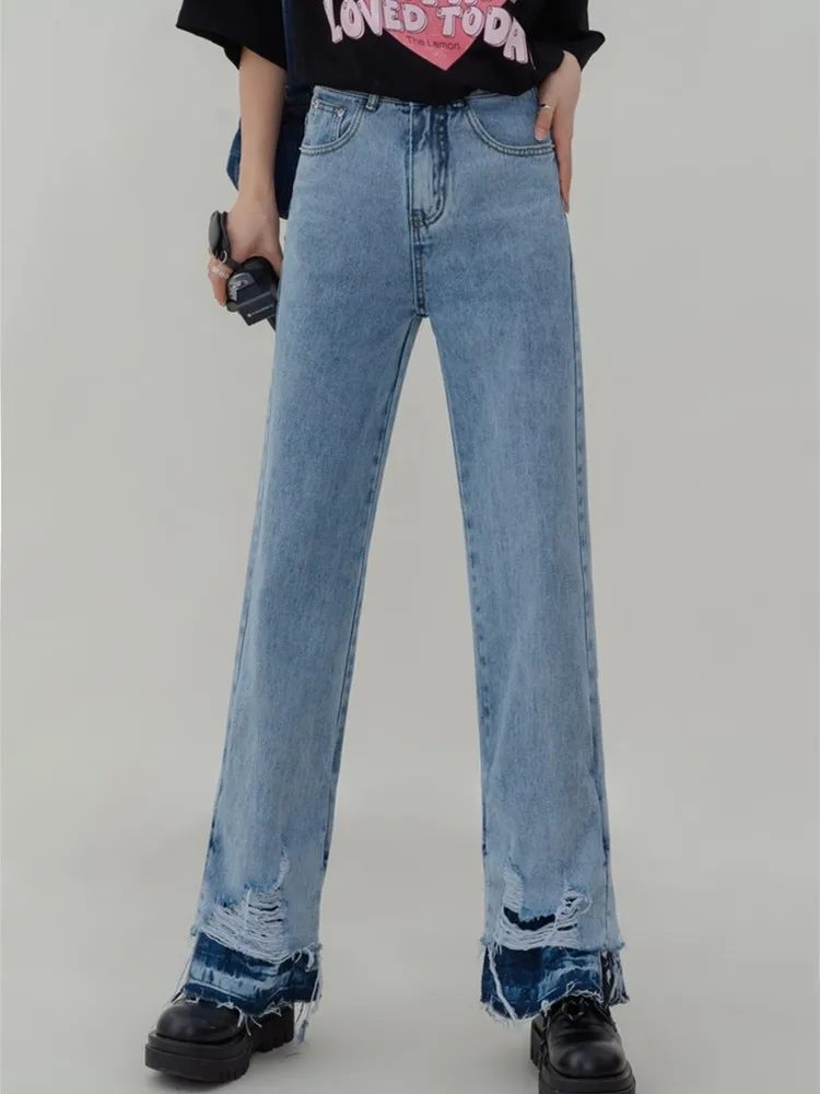 

ZHISILAO New High Waist Wide Leg Straight Jeans Women Vintage Frayed Boyfriend Baggy Denim Pants Streetwear 2022