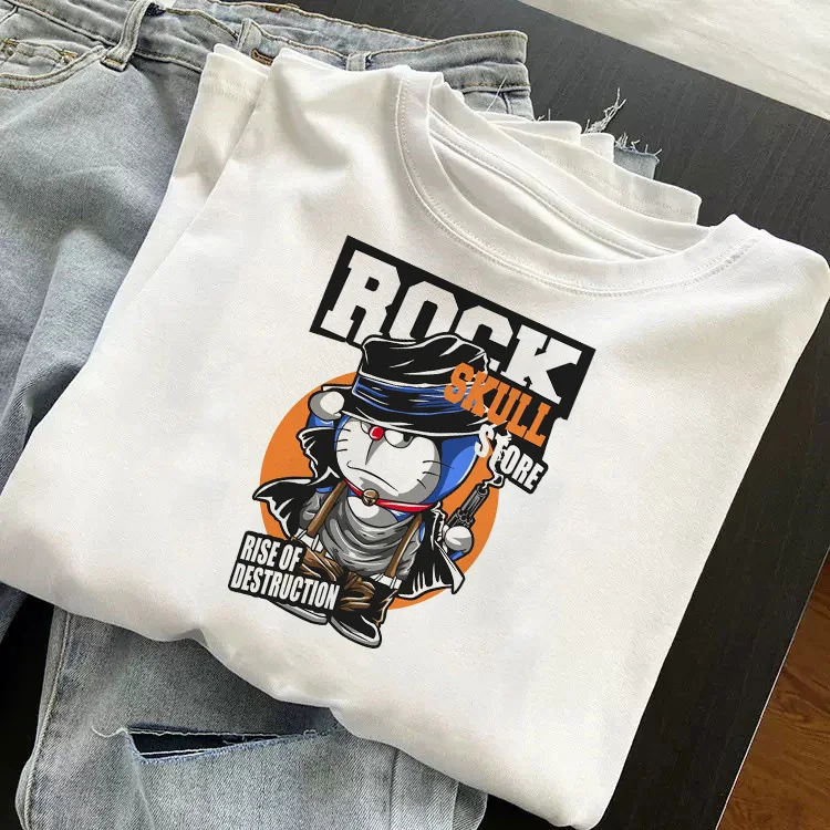 

Doraemon Men Fashion Cotton T-shirt Casual Clothes Anime Kawaii Cartoon T Shirts Short Sleeve Couple Unisex Streetwear White Top