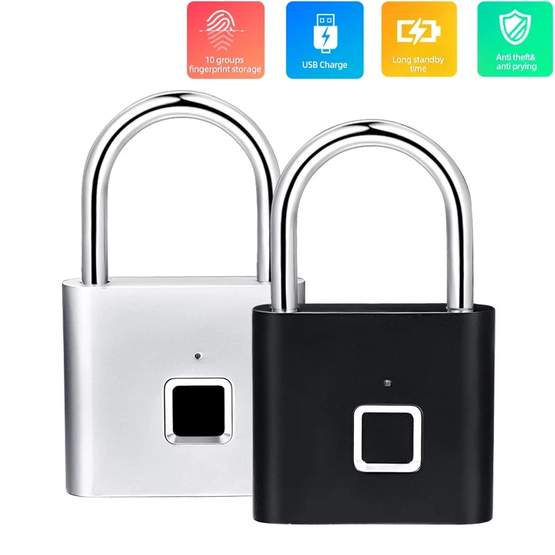 

Fingerprint Lock USB Rechargeable Smart Padlock Thumbprint Door Lock Quick Unlock Keyless Anti-Theft Zinc Alloy Black Silver