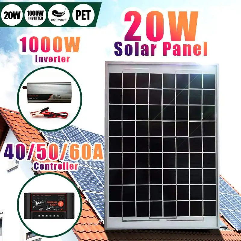 

18V 20W Solar Panel 1000W Inverter Battery Charge 12V 24V Solar Panel System Controller Power Generation Kit Complete Protable