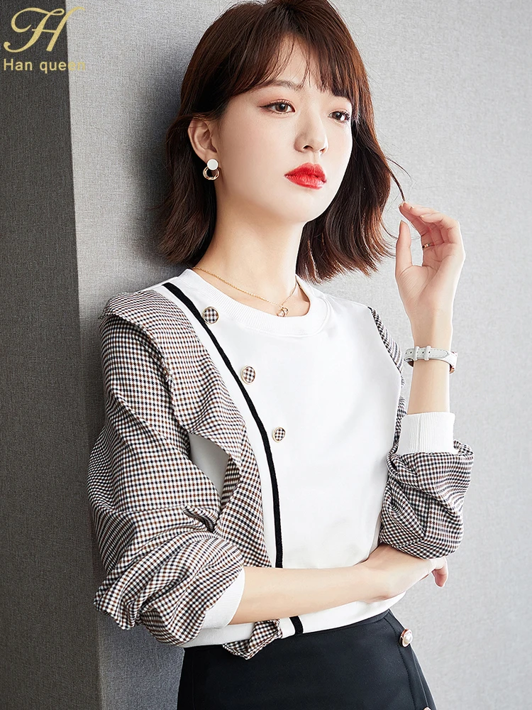 

H Han Queen New Autumn Tees Elegant Ruffles Patchwork Plaid Sweatshirt Loose Long Sleeve Loose Vintage T-Shirts Casual Top Women