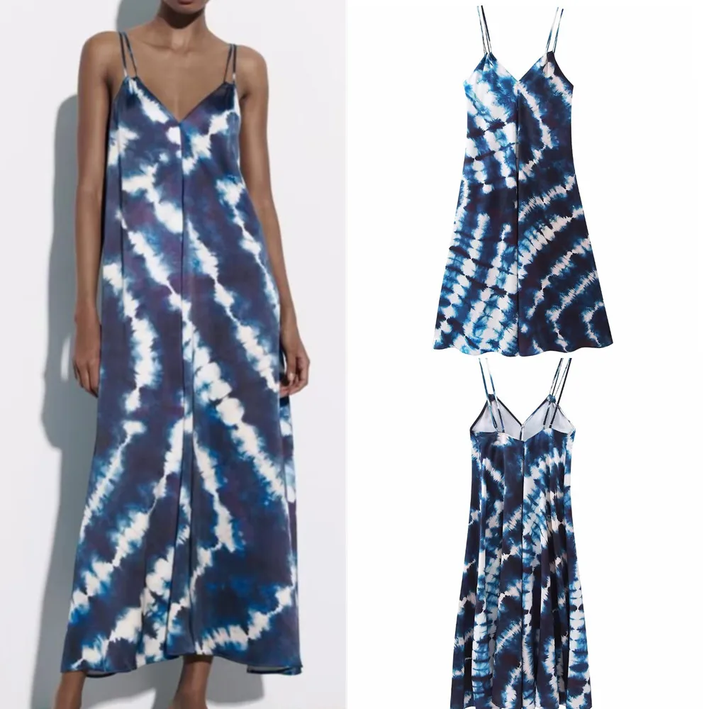 

COS LRIS European and American 2023 summer new French blue tie-dye print backless mid-length suspender dress female 3292322