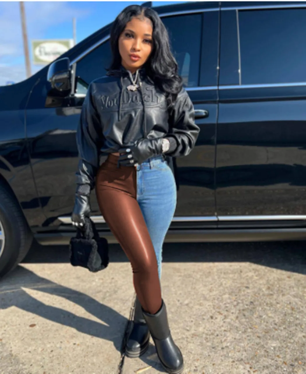 

Fashion PU Jeans Splicing Skinny Pants Women Bottoms 2022 Streetwear Sexy High Waisted Denim Trousers