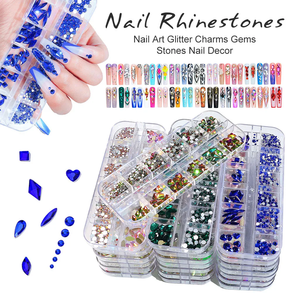 

12Grids Nail Crystal Kit Mixed Size Flat Back AB Nail Rhinestones Nail Art Glitter Charms Gems Stones Nail Decor Manicure Design