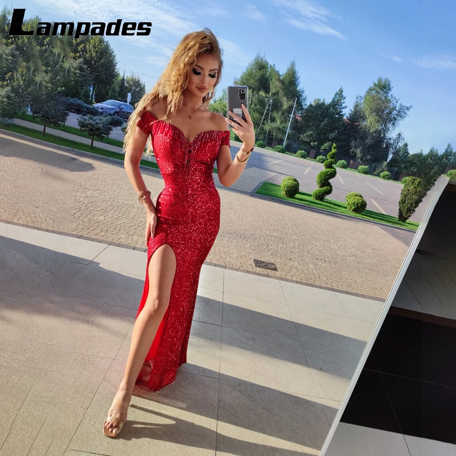 

Off the Shoulder Red Sequins Sexy Sheath Evening Dress with Beading Jewelry Formal Dress with High Slit robes du soir