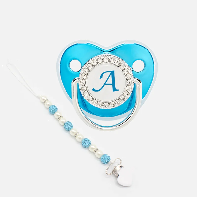 26 Letter Baby Pacifier With Clip BPA Free Luxury Blue Silicone Pacifier Name Initial Letter Nipple Infant Silicone Pacifier