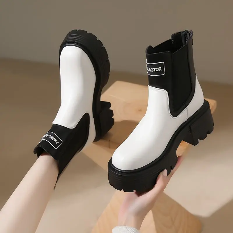 

Gothic Ankle Boots Women's White Leather Platform Shoes Woman Sock Booties Girls Autumn Winter Fur Boots Thick Sole Chelsea Boot