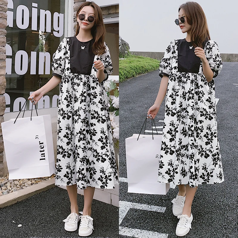 

Black White Floral Patchwork Embroidery Maternity Summer Dress Hubble-bubble Sleeve High Waist Pregnancy Dress Pregnant Woman